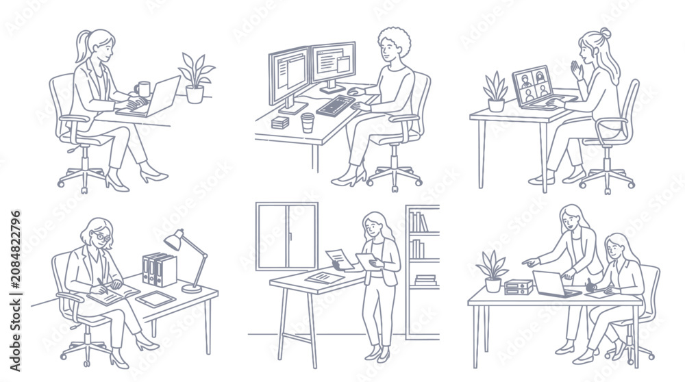 Obraz premium Modern office workspace and ergonomic desk line illustrations.