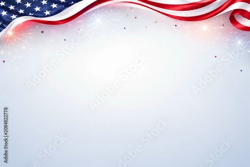 USA Independence Day Patriotic Background with Waving American Flag Ribbon, Fireworks and White Copy Space