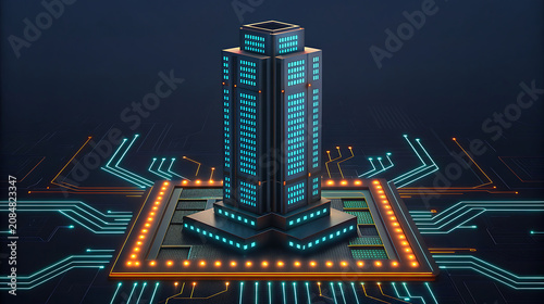Futuristic skyscraper processor with glowing circuit board