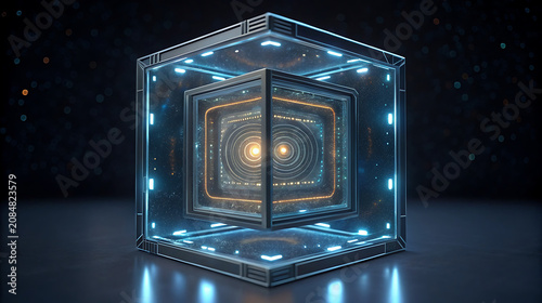 Futuristic transparent cube with glowing core and galaxy background