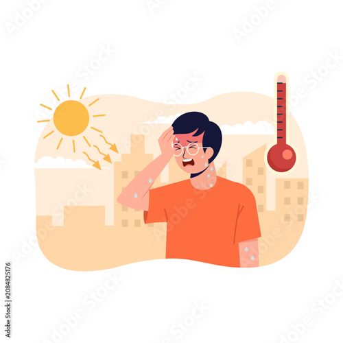 Heatwave, summer, man feeling hot, sun, thermometer, city background