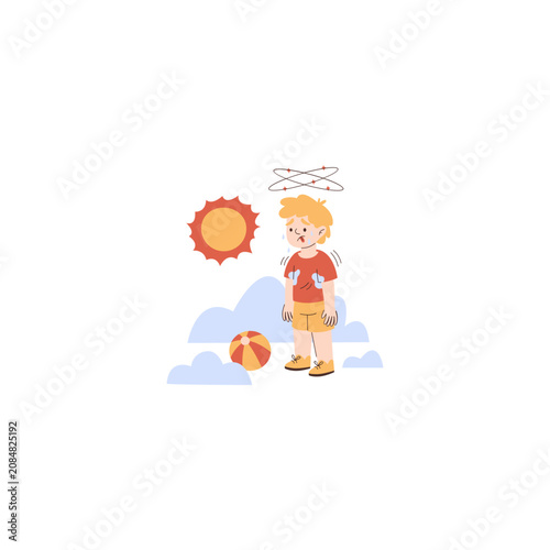 Cartoon boy, sunny day, beach ball, summer fun, kids illustration
