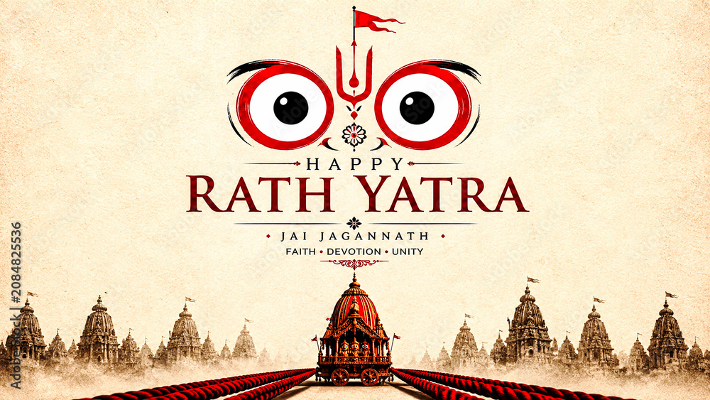 Fototapeta premium Happy Rath Yatra: Celebrate the divine journey with this vibrant depiction of the Rath Yatra festival, featuring ornate chariots and devotional fervor. A symbol of faith, devotion, and unity.