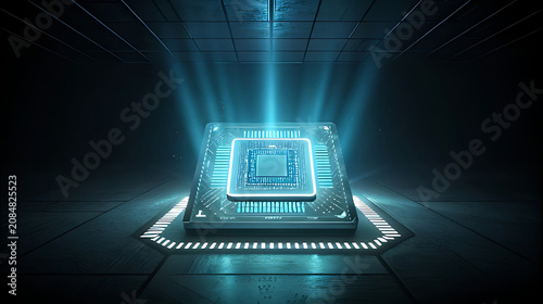 Glowing blue holographic computer chip in dark futuristic room