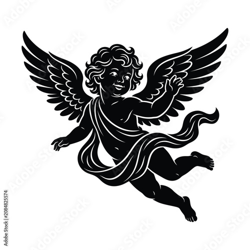 Bild auf Leinwand Cute flying baby angel silhouette vector with detailed feathered wings and curly