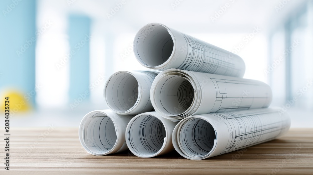 Fototapeta premium Architectural blueprints rolled up stacked on wooden desk