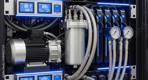Industrial cooling pump and filter assembly inside a computer server system with pressure sensors and blue glowing lights
