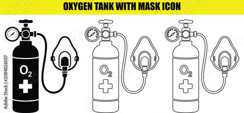 Obraz na plátne Oxygen tank with mask icon vector illustration set including black silhouette and outline variations