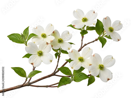 White flowering dogwood branch with green leaves on PNG and transparent background