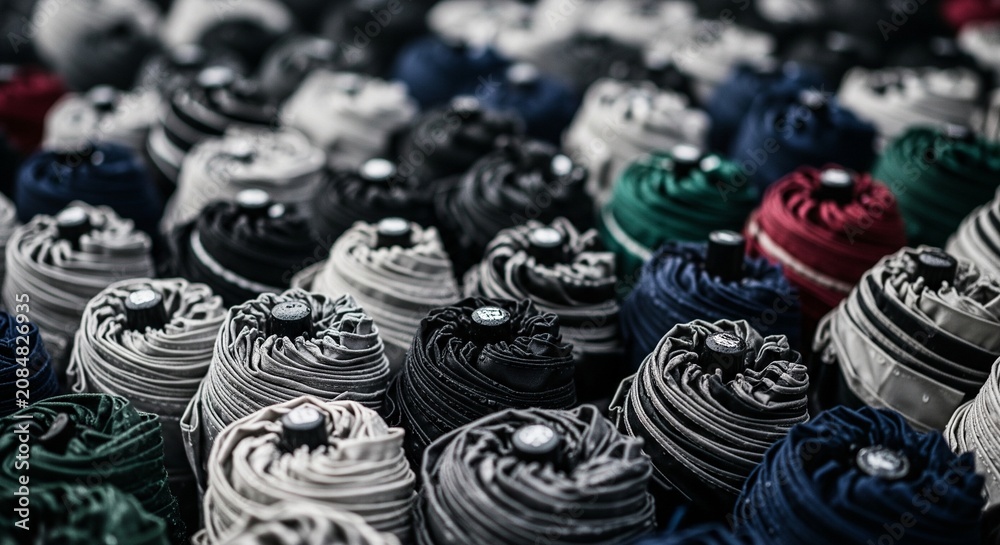 Fototapeta premium Top-down close-up view of many tightly packed folded pocket umbrellas in dark blue, black, gray, and green colors