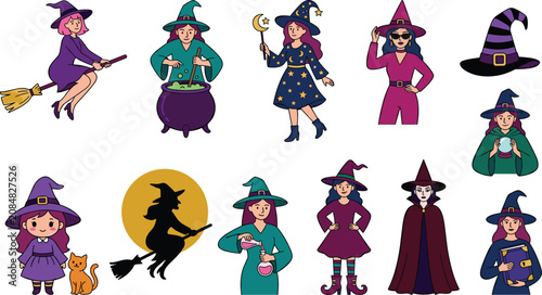 Konstfotografi Halloween witch vector collection - cute cartoon witches characters set with bro
