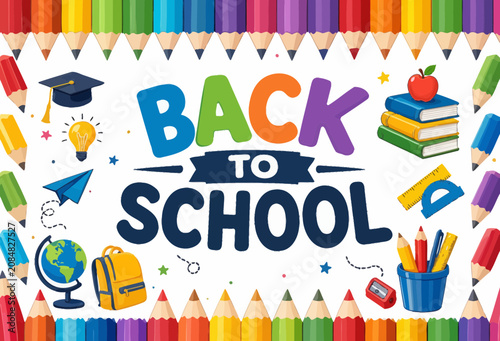Pencils frame this colorful back to school design that features educational icons and plenty of copy space for seasonal marketing and announcements.
