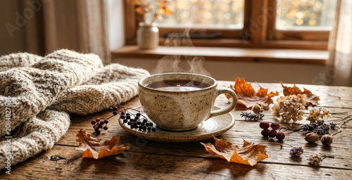 A cozy scene featuring a steaming cup of coffee on a rustic wooden table, surrounded by dried leaves and flowers, evoking a warm autumn ambiance.