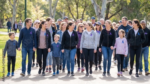 Large Group of People and Families Walking Together in a Sunny Public Park