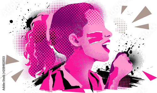 Foto Pop art woman cheering with pink halftone effects, expressive female sports fan