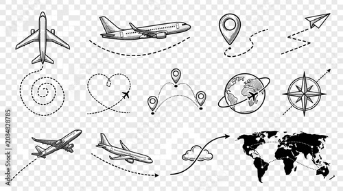 Hand drawn airplane flight path icon set, black ink sketch of plane route and map pin on white background