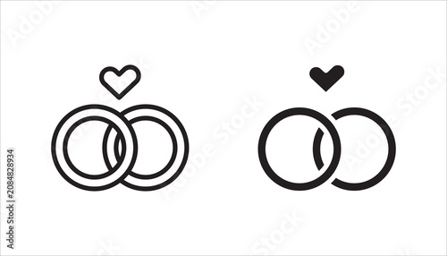 Elegant wedding rings icon set in outline and glyph styles. Suitable for marriage, engagement, love, romance, anniversary, wedding invitations, and relationship concepts
