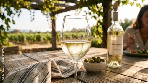 Enjoying chilled white wine and olives at a rustic table in a vineyard