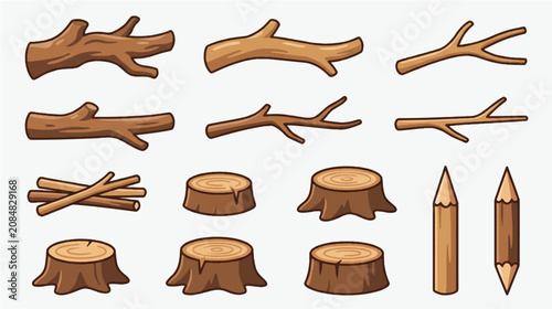 Vector wood elements set containing tree branches, stumps, logs, and twigs isolated on light background