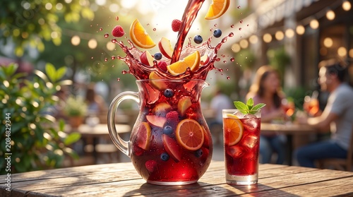 Refreshing fruit sangria pitcher and glass on a wooden table outdoors