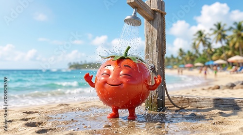 A red anthropomorphic tomato character taking a shower on a beach