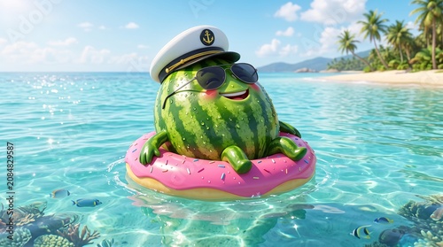 Cartoon watermelon character wearing captain hat and sunglasses on donut float