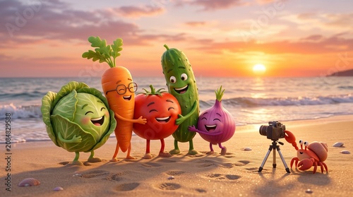 Anthropomorphic vegetable characters posing for a photo on a beach at sunset