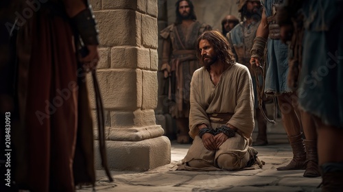 Jesus kneels before a stone pillar in the Roman courtyard with His hands bound in chains, while soldiers stand nearby holding leather whips, revealing His humble obedience and sacrificial love before 