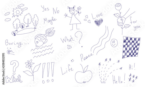 A set of hand-drawn vector illustrations. A whimsical doodle drawing out of boredom. White background.