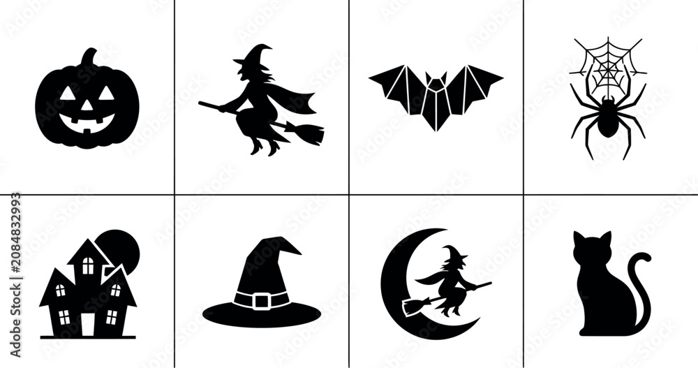 Fototapeta premium Modern Halloween icon set with a smiling pumpkin flying witch and mysterious haunted house