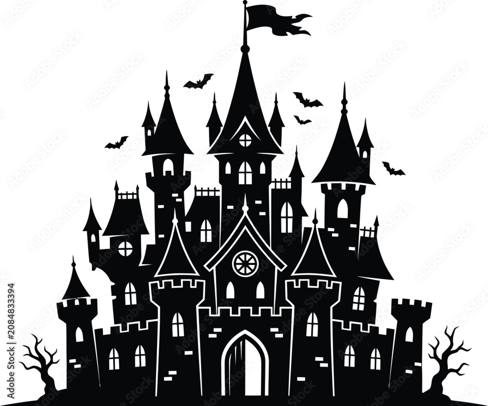 Fototapeta premium Spooky silhouette halloween day castle illustration for creepy decorations