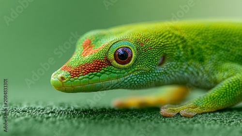 Vibrant Day Gecko Phelsuma on Green Surface Close-Up Macro Minimalist