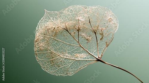 Close-Up Macro Shot of Decomposed Aspen Leaf Skeleton on Green Background