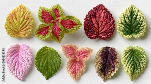 Vivid Plectranthus scutellarioides leaves in various colors for botanical designs