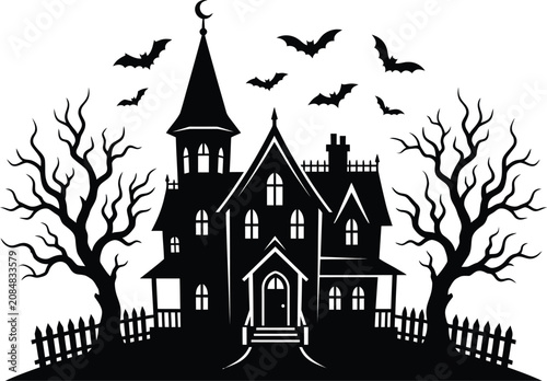 Spooky halloween haunted house with bats and trees on a dark night