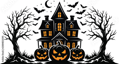 Spooky halloween day illustration haunted house with jack o' lanterns and bats