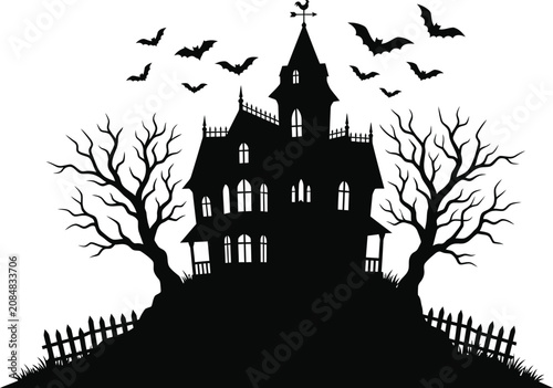 Spooky halloween night haunted house with bats and trees silhouette