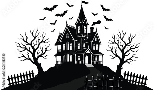 Foto Spooky halloween haunted house with bats flying overhead on a dark and eerie nig