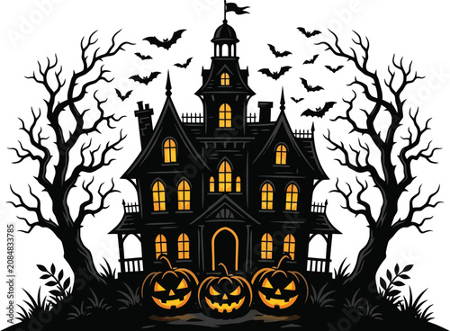 Spooky halloween night haunted house with glowing pumpkins and bats