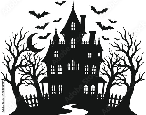 Halloween day spooky castle silhouette with bats and bare trees