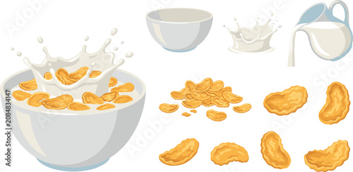 Bild auf Leinwand Crispy corn flakes breakfast cereal vector illustration set with milk splash bow