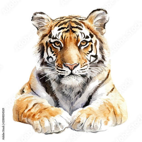 Wall Mural Tiger, colorful watercolor painting with bold outlines, isolated on a white background