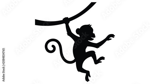 Canvas Print Monkey clinging to branch black silhouette on white background