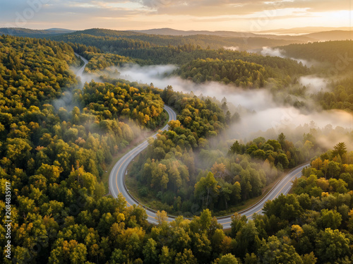 Winding road, foggy forest, aerial view, landscape photography, scenic route, misty morning