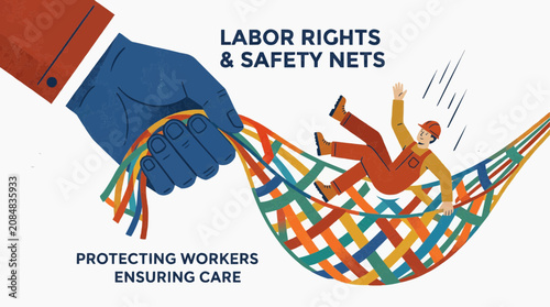 Giant hand holding colorful safety net catching falling worker symbolizing labor rights and protection
