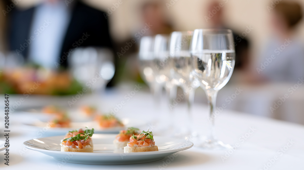 Fototapeta premium Elegant table setting with gourmet appetizers and water glasses, ready for a sophisticated event or celebratory gathering indoors