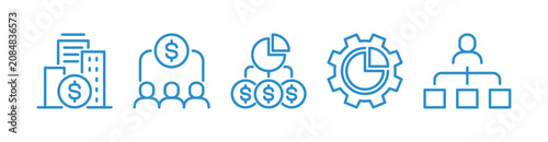 Corporate hierarchy icon collection drawn with blue outline on white background, business organization and management structure symbols, finance concept vector illustration.