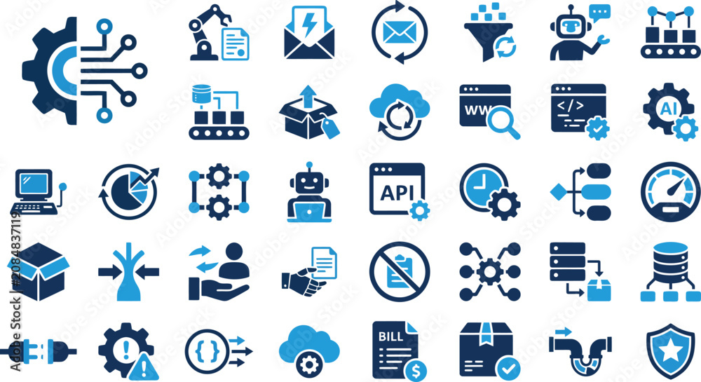 Fototapeta premium Business Automation and Workflow System Solid Vector Icon Pack