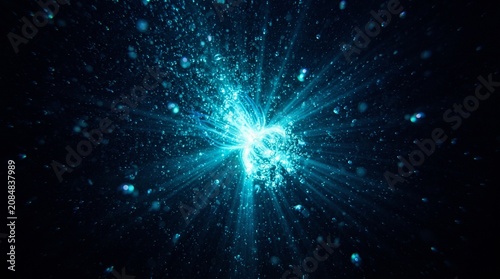 Abstract Blue Energy Burst with Glowing Particles and Light Rays on Dark Background