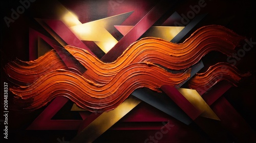 Abstract Modern Art Background with Thick Orange Oil Paint Brushstrokes and Geometric Gold Shapes on Dark Red